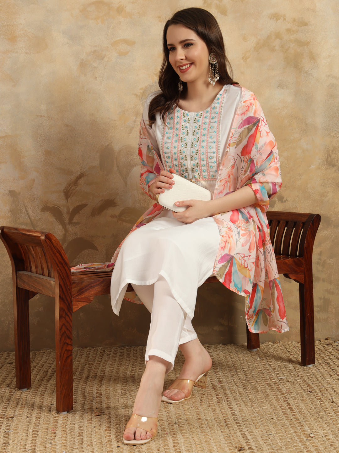 New Off White Color Viscos Chanderi Kurti pant Set