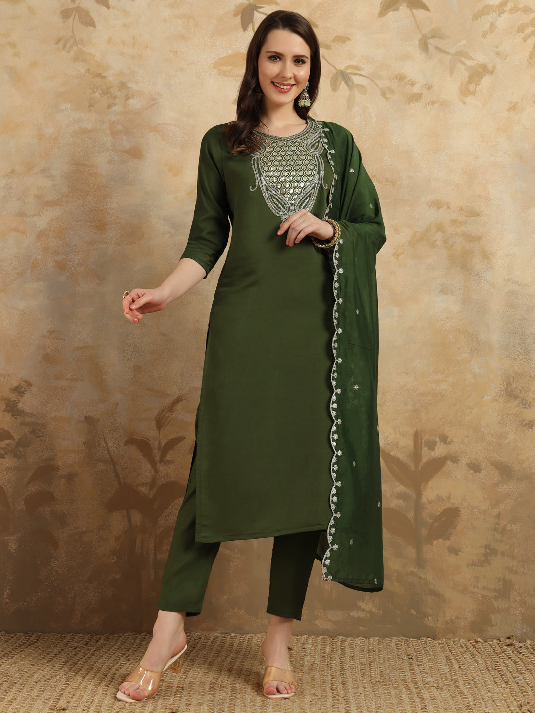 Mehandi Color Viscoz Chanderi Casual Kurti Pant Set