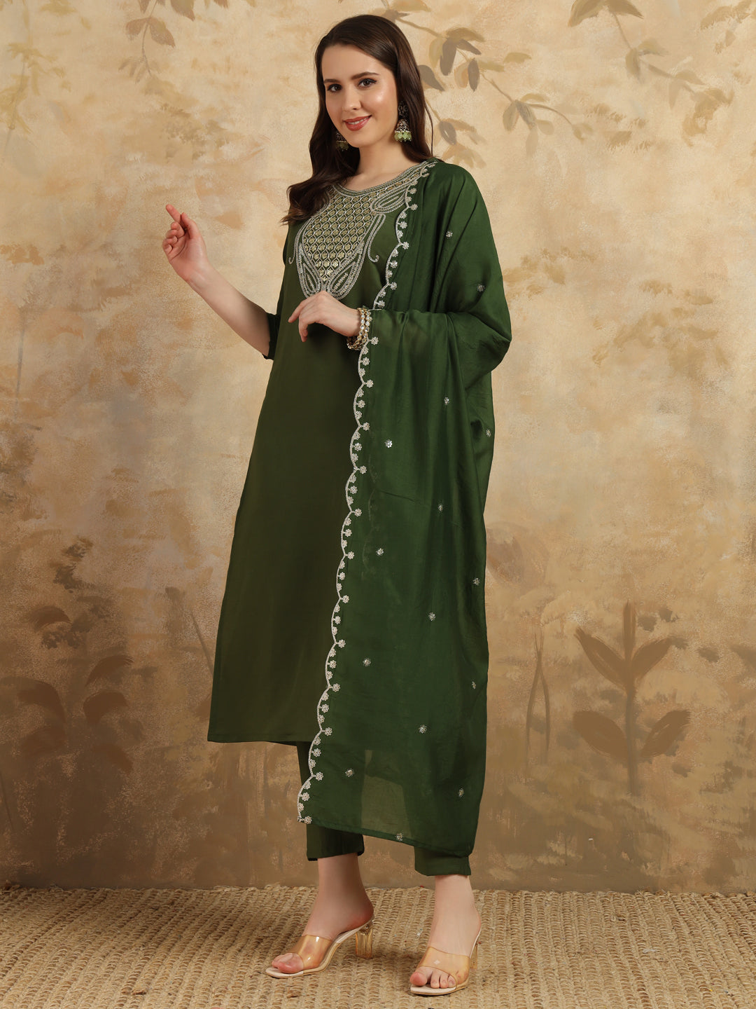 Mehandi Color Viscoz Chanderi Casual Kurti Pant Set