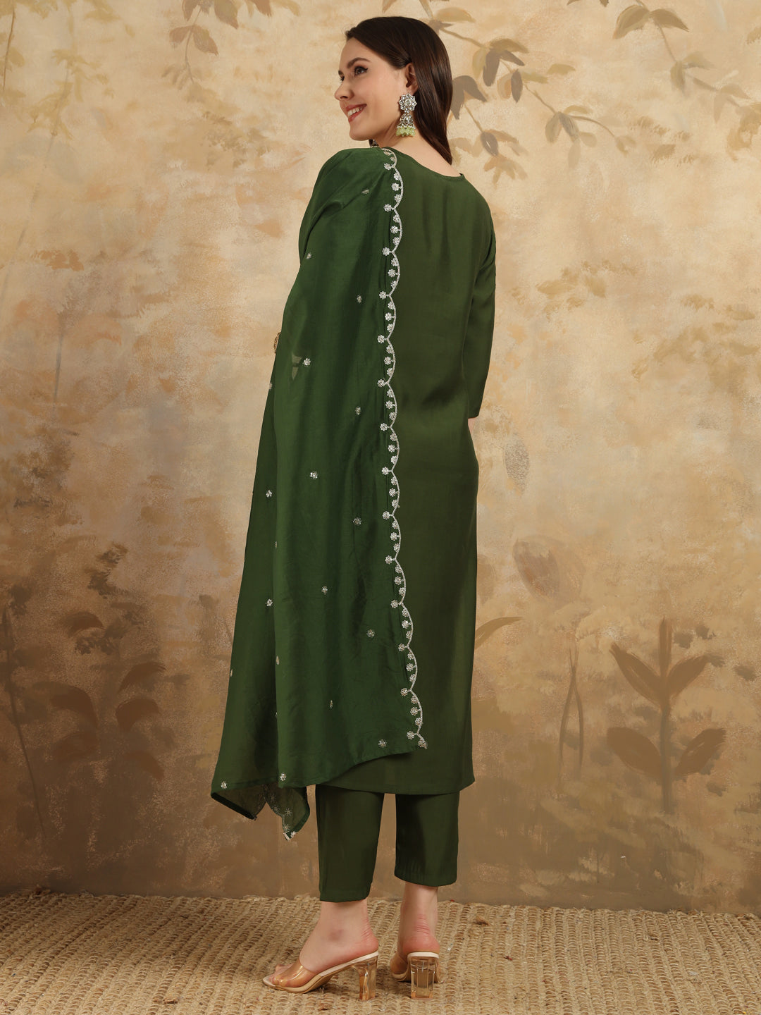 Mehandi Color Viscoz Chanderi Casual Kurti Pant Set