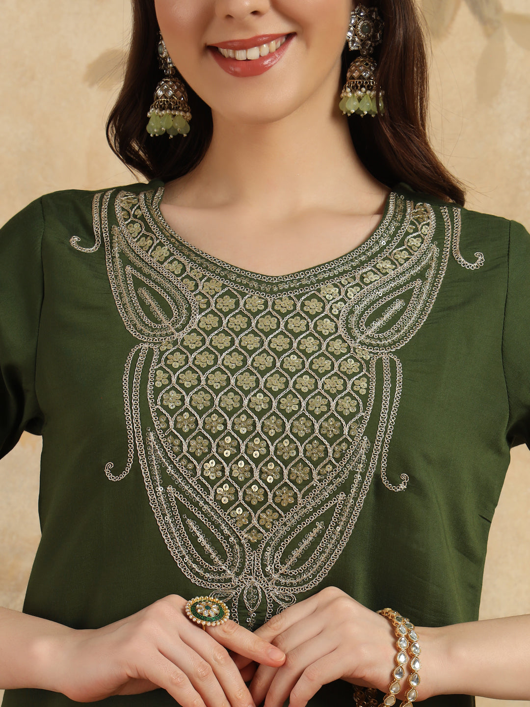 Mehandi Color Viscoz Chanderi Casual Kurti Pant Set