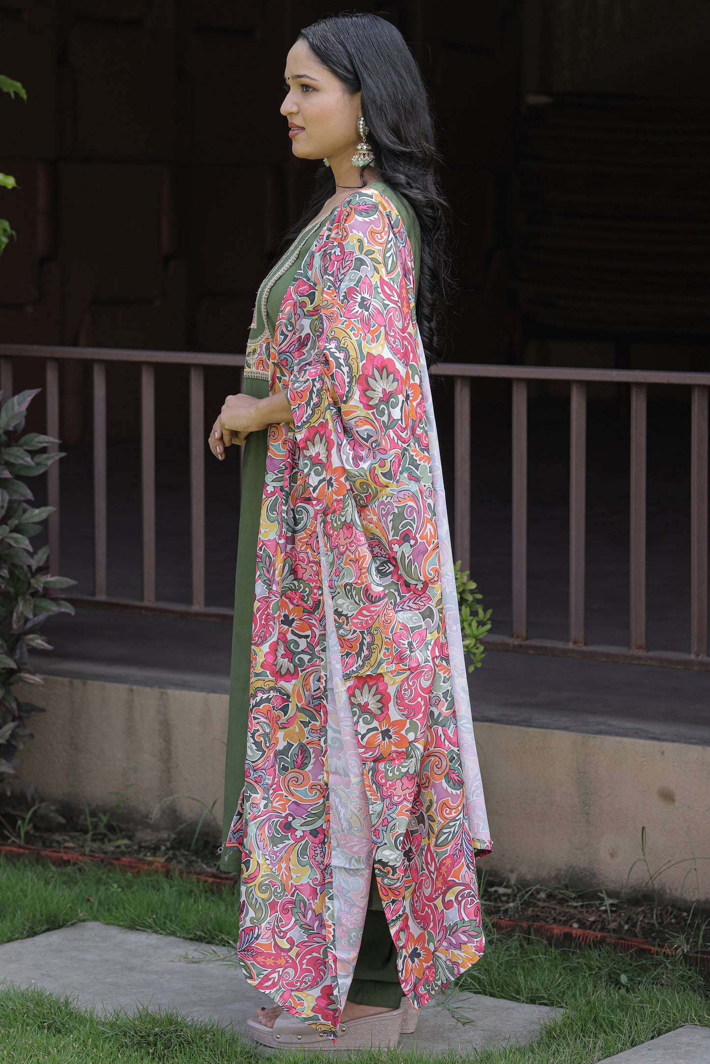 Beautiful Mahendi Color Viscoz Chanderi Kurti Pant Set