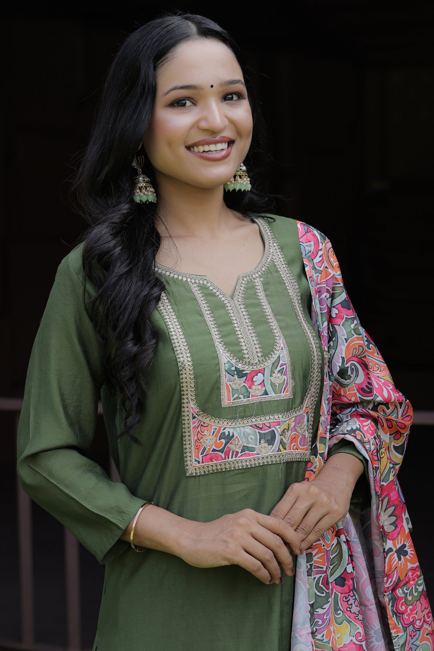 Beautiful Mahendi Color Viscoz Chanderi Kurti Pant Set
