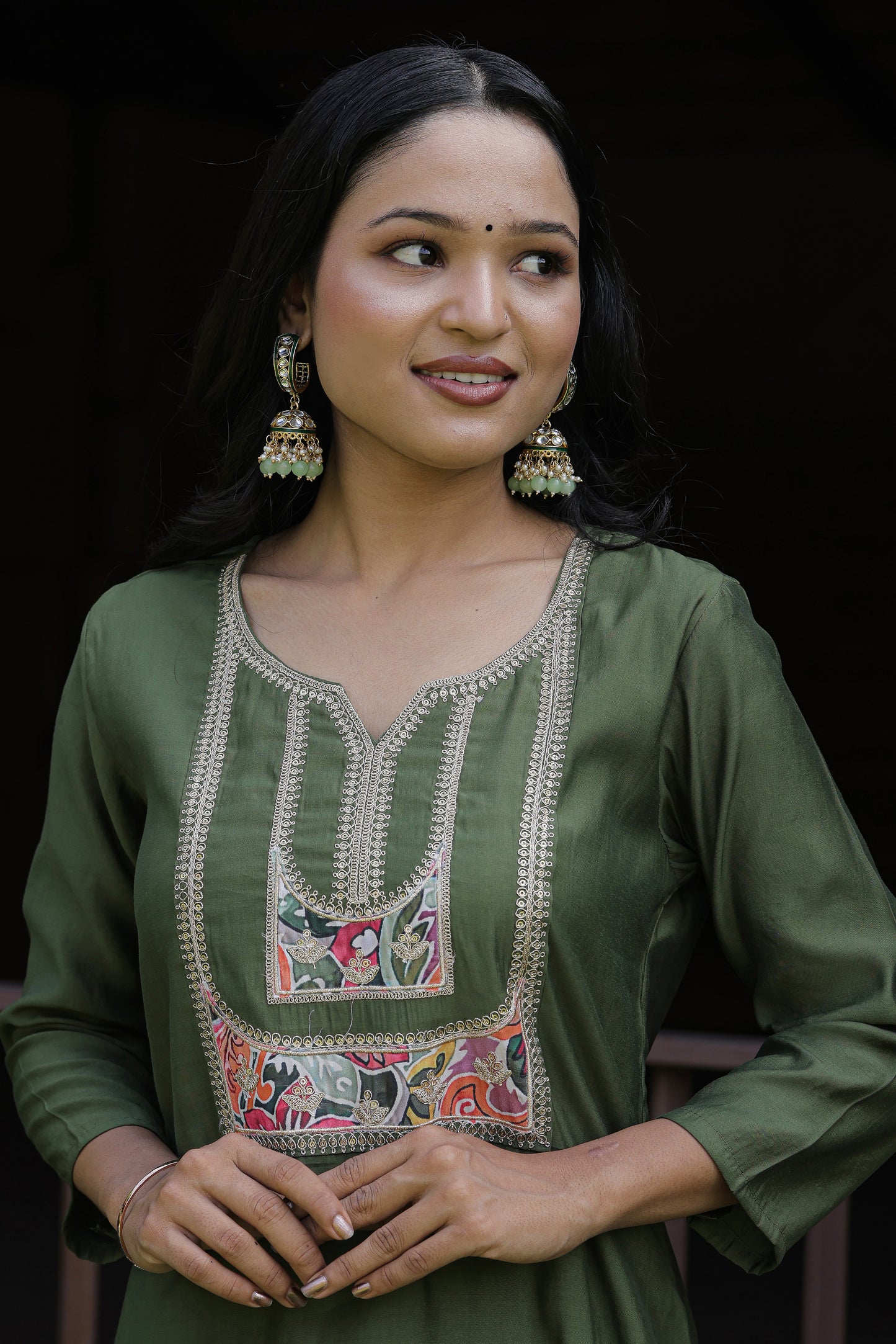 Beautiful Mahendi Color Viscoz Chanderi Kurti Pant Set