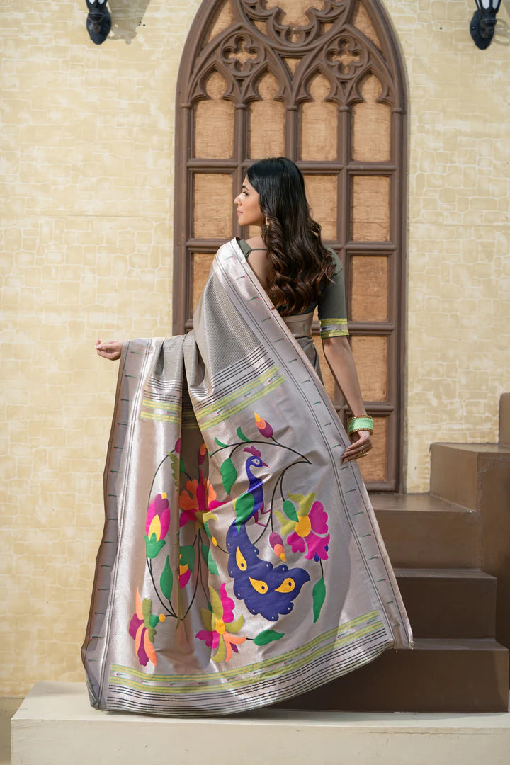 Grey Paithani Silk Saree with Soft Blended Fabric