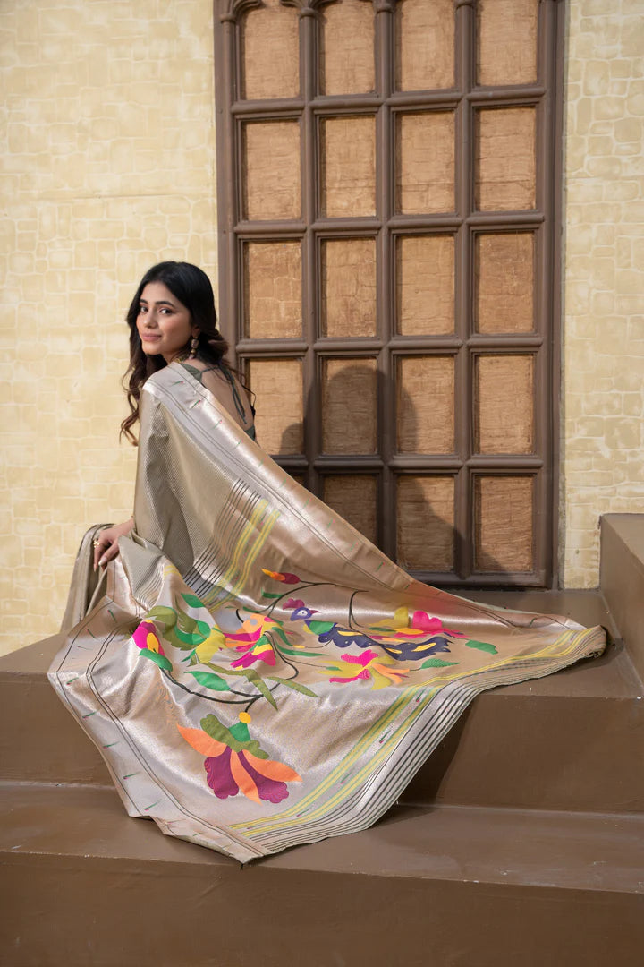 Grey Paithani Silk Saree with Soft Blended Fabric