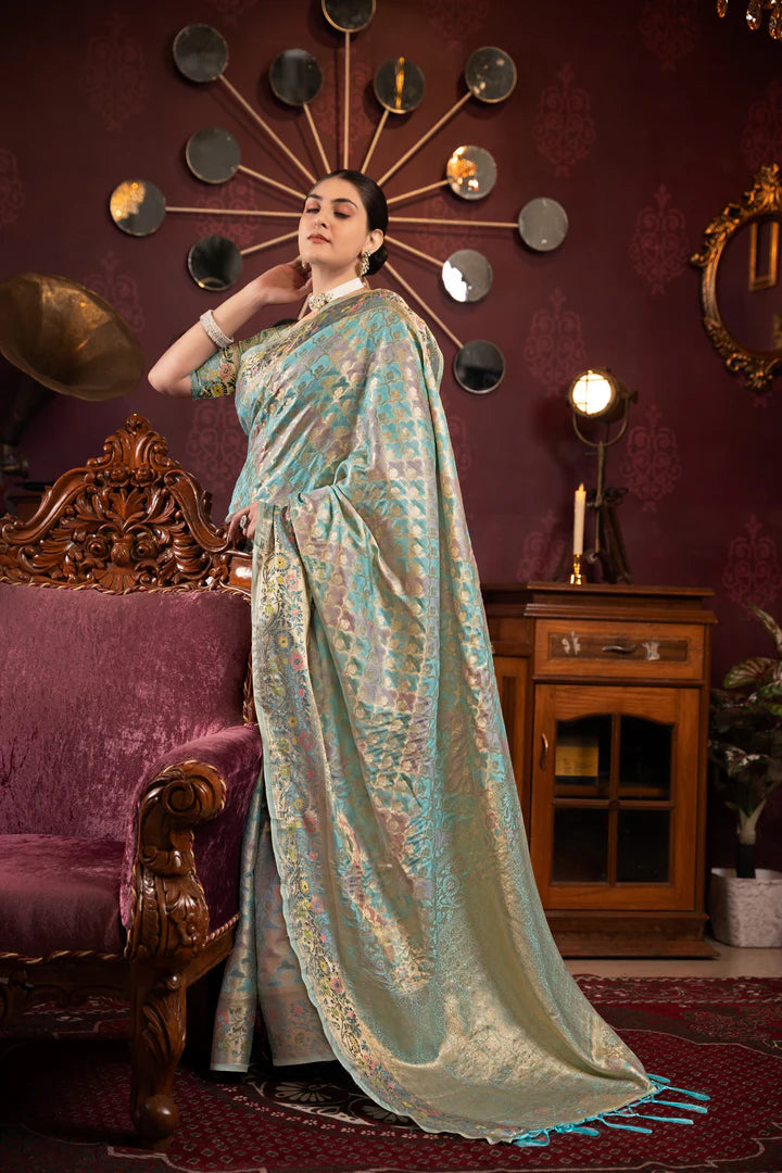 Sky Blue Organza Silk Woven Saree