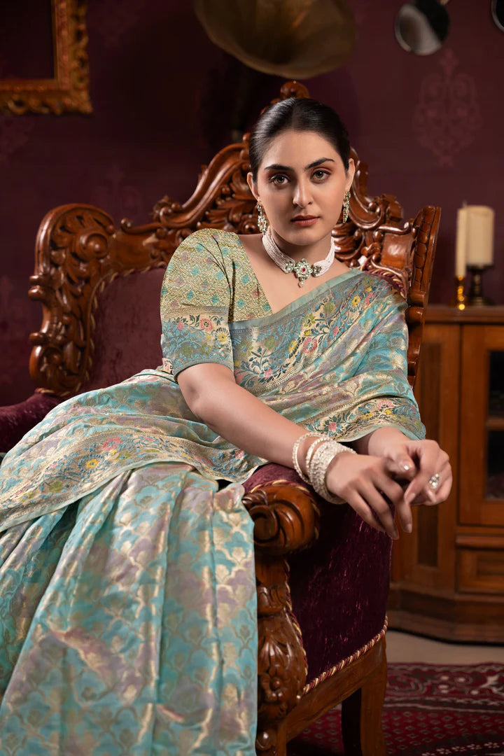 Sky Blue Organza Silk Woven Saree