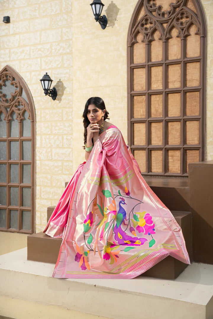 Elegant Pink Paithani Soft Silk Saree