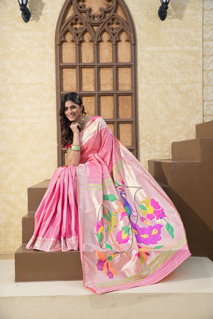 Elegant Pink Paithani Soft Silk Saree