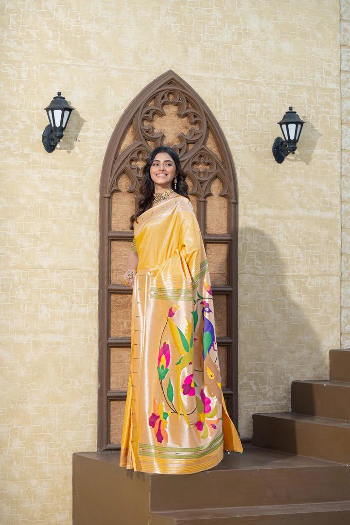 Vibrant Yellow Paithani Silk Saree with Intricate Zari Work