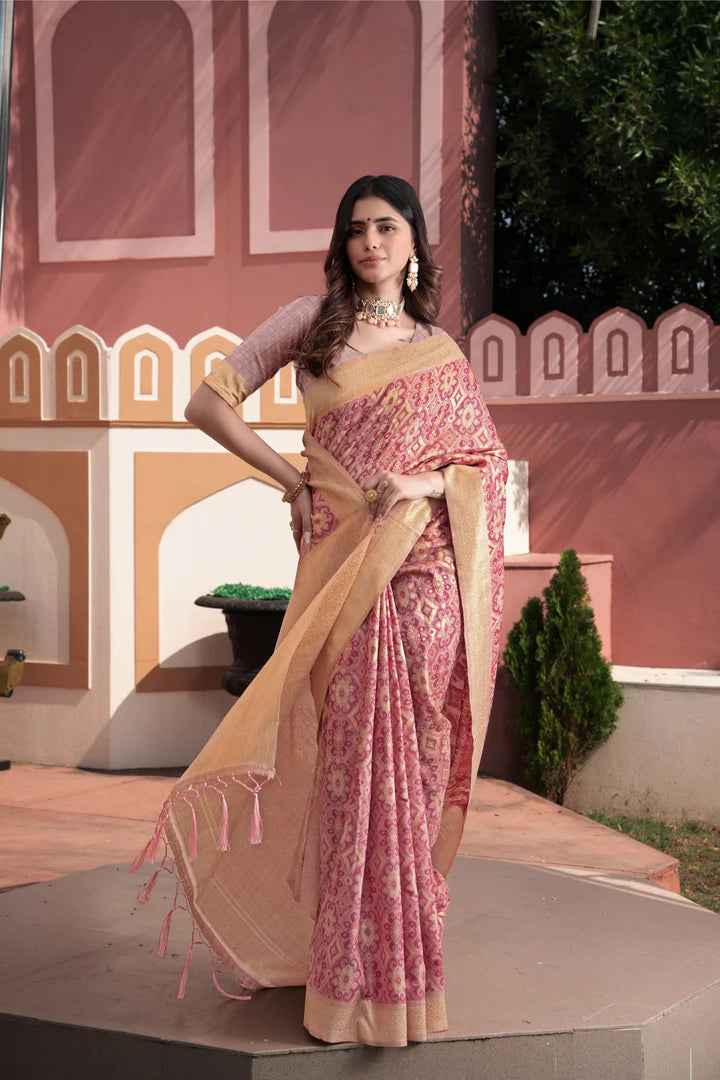 Vastraan Pink Ikat Silk Saree – Zari Woven Elegance
