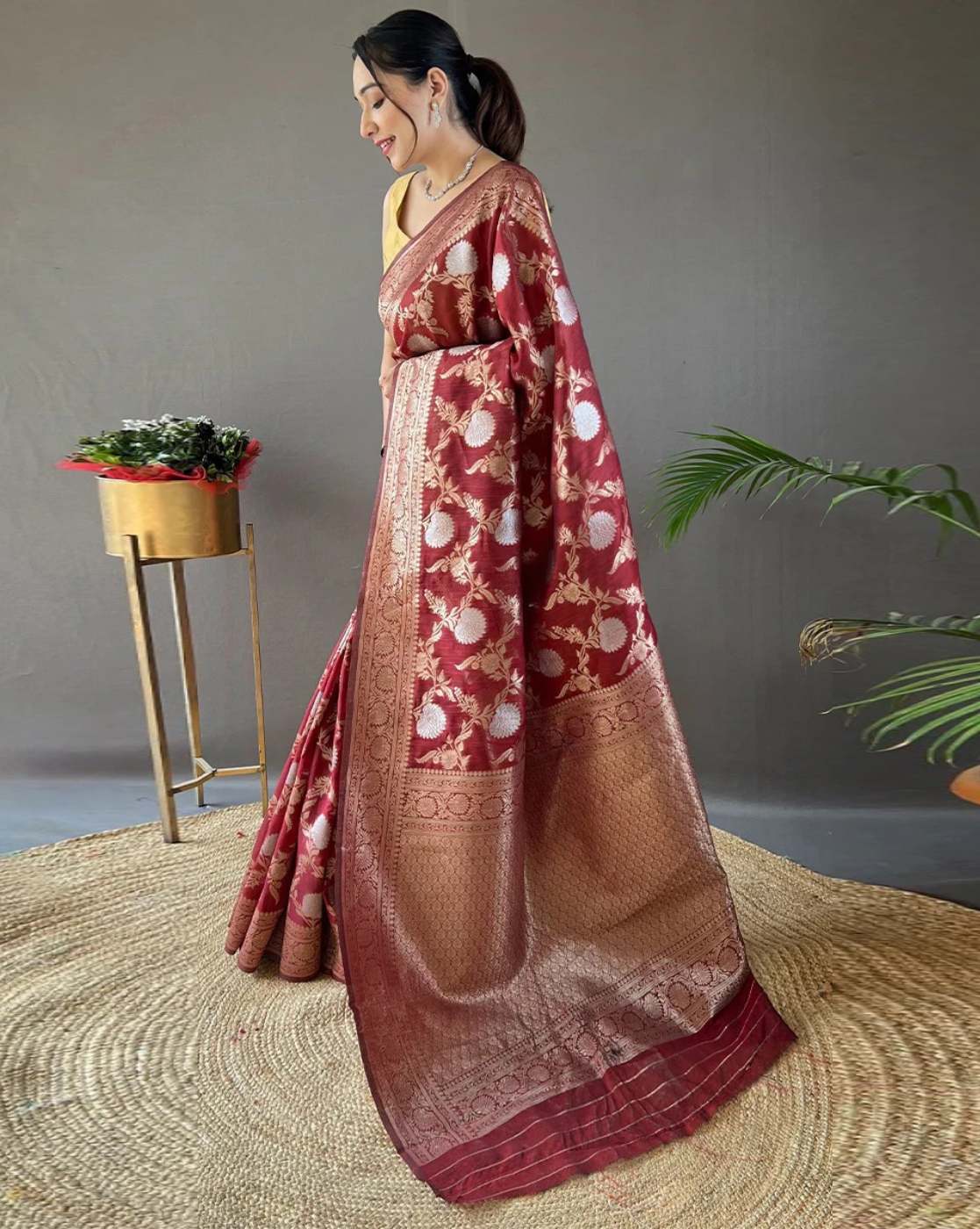 Maroon Traditional Floral Woven Saree