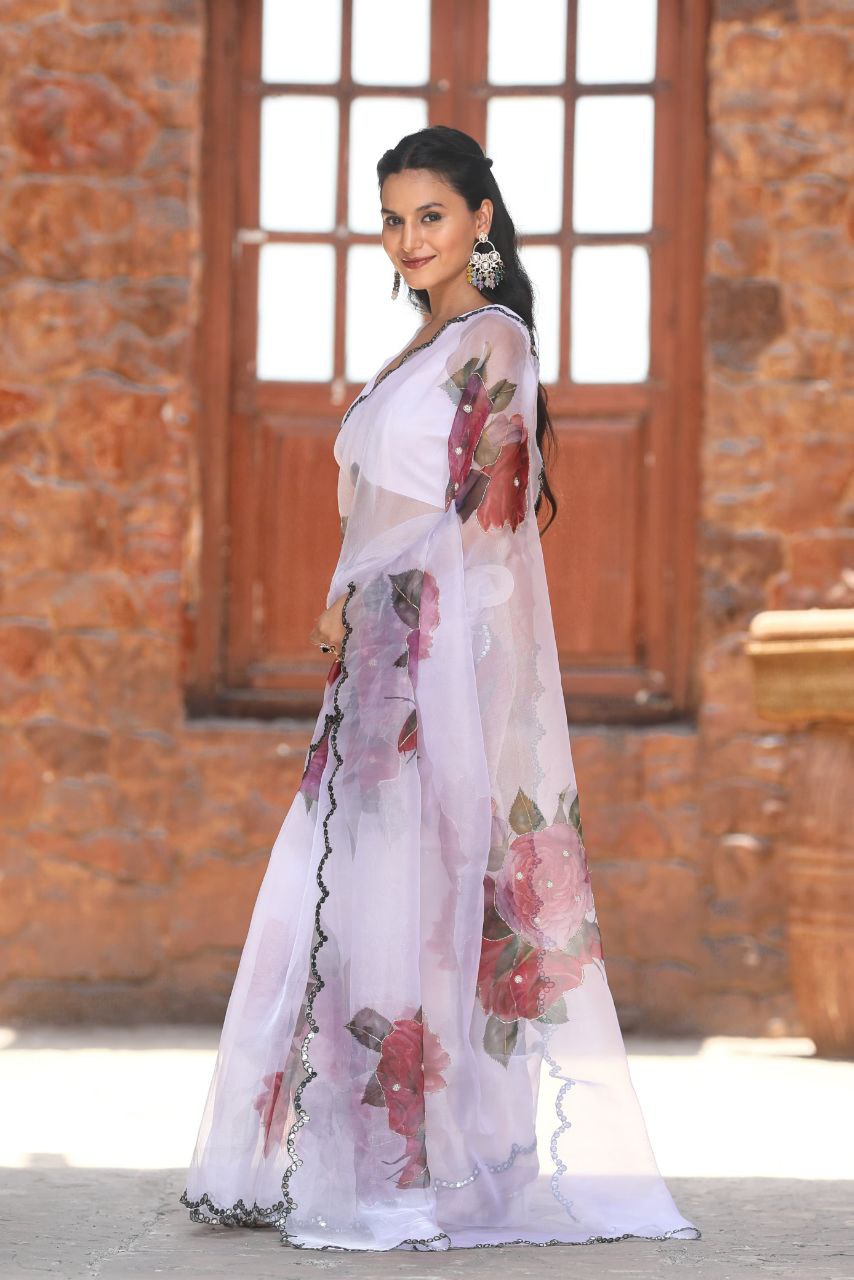 White Pure Organza Handwork Saree
