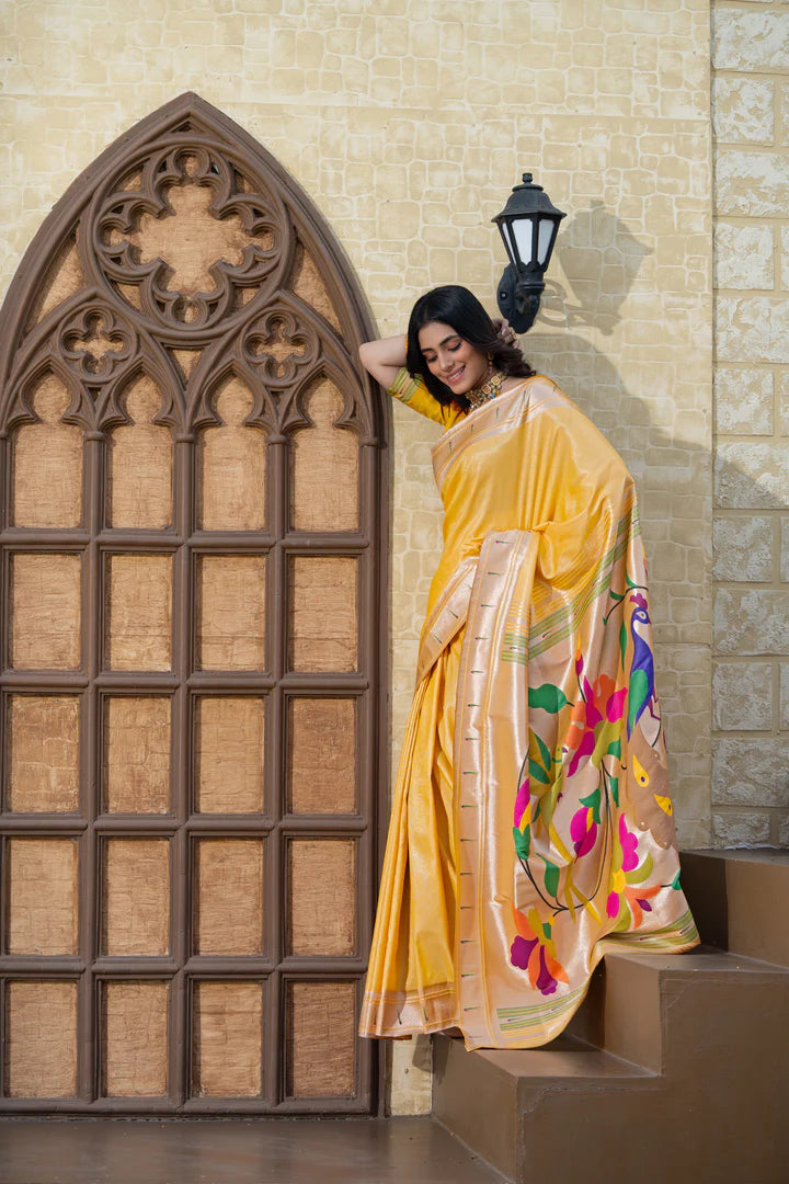 Vibrant Yellow Paithani Silk Saree with Intricate Zari Work
