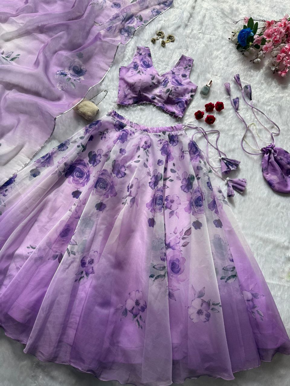 Party Wear Lehenga Choli – Violet Pure Organza | Vastraan