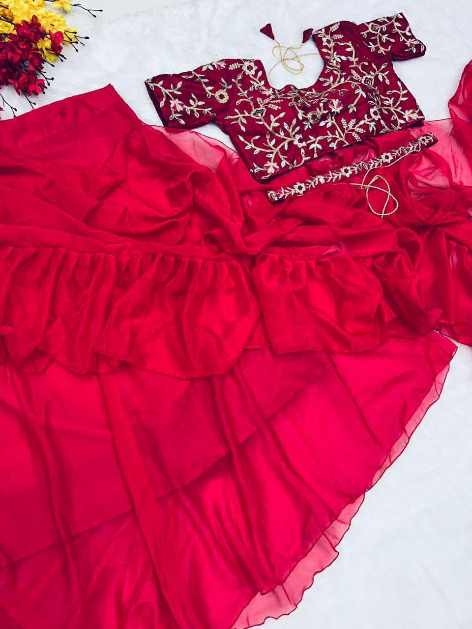 Beautiful Organza Silk Ready to wear saree (Red)