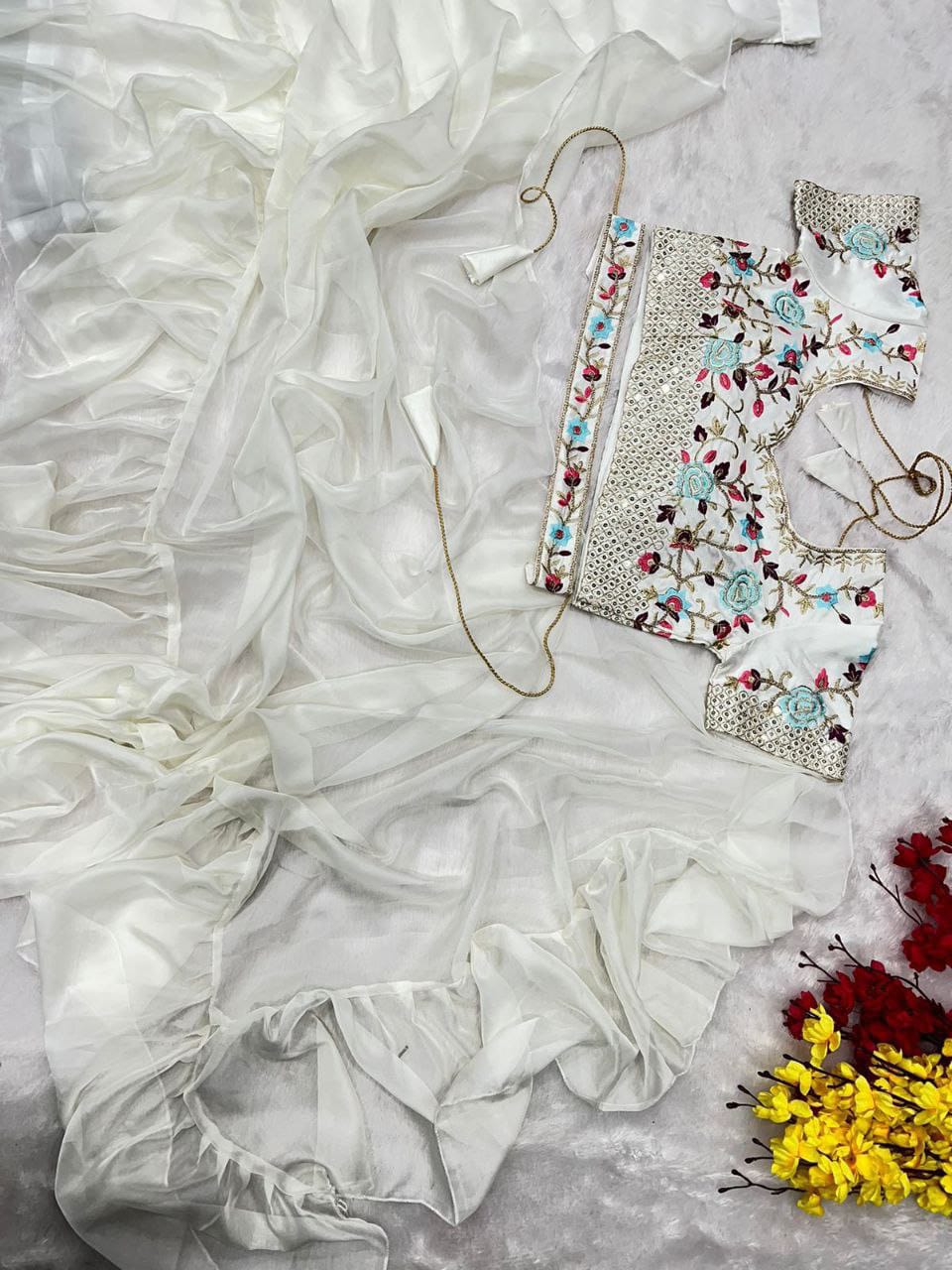 Beautiful Organza Silk Ready to wear saree (White)
