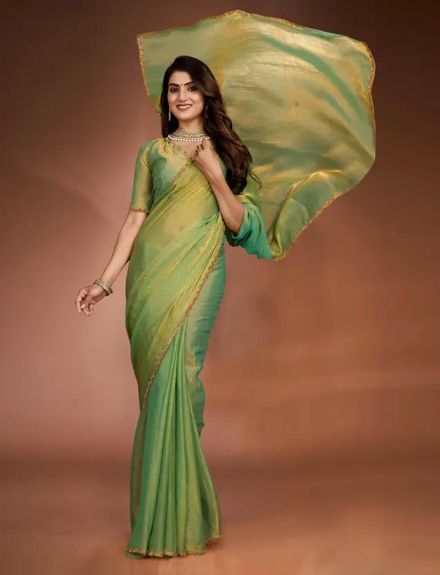 Solid/Plain Bollywood Chiffon, Silk Blend Saree (Light Green)
