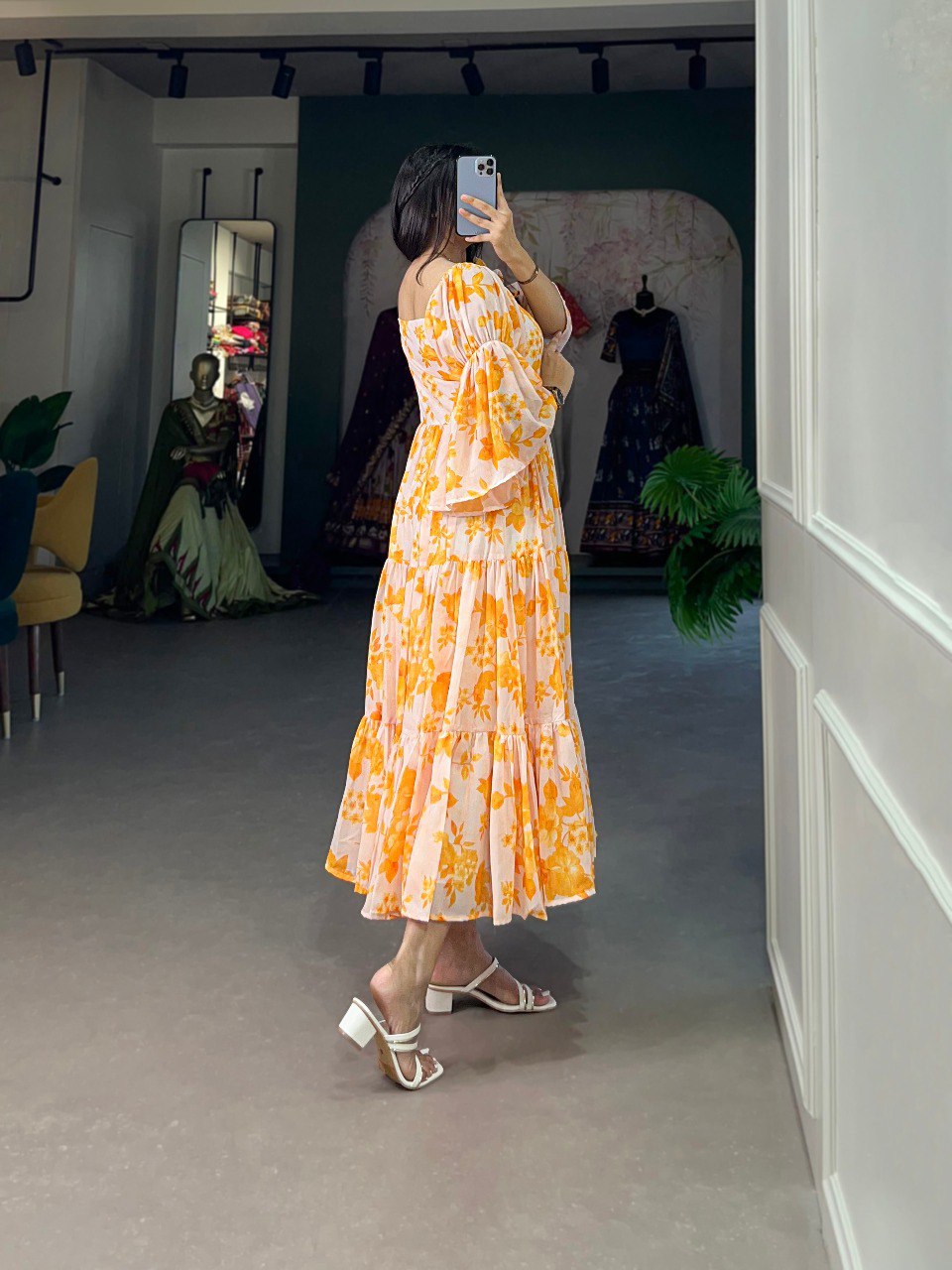 Awesome Yellow Digital Floral Printed Georgette Festival Wear Dresses
