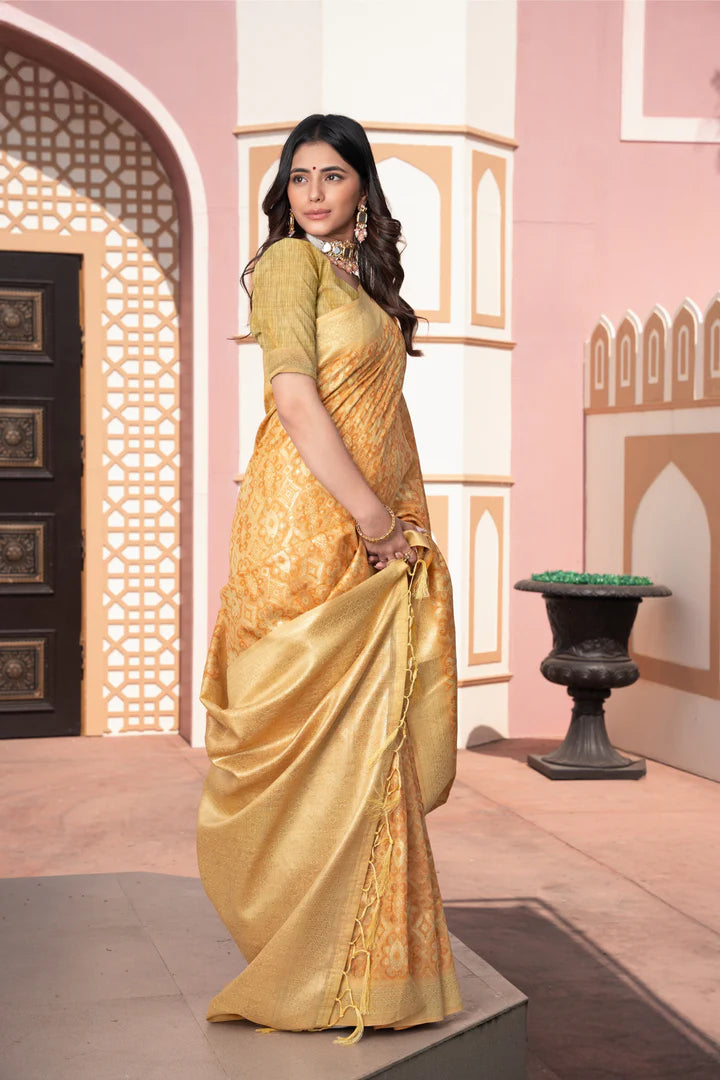 Vastraan Yellow Ikat Silk Saree – Zari Woven Charm