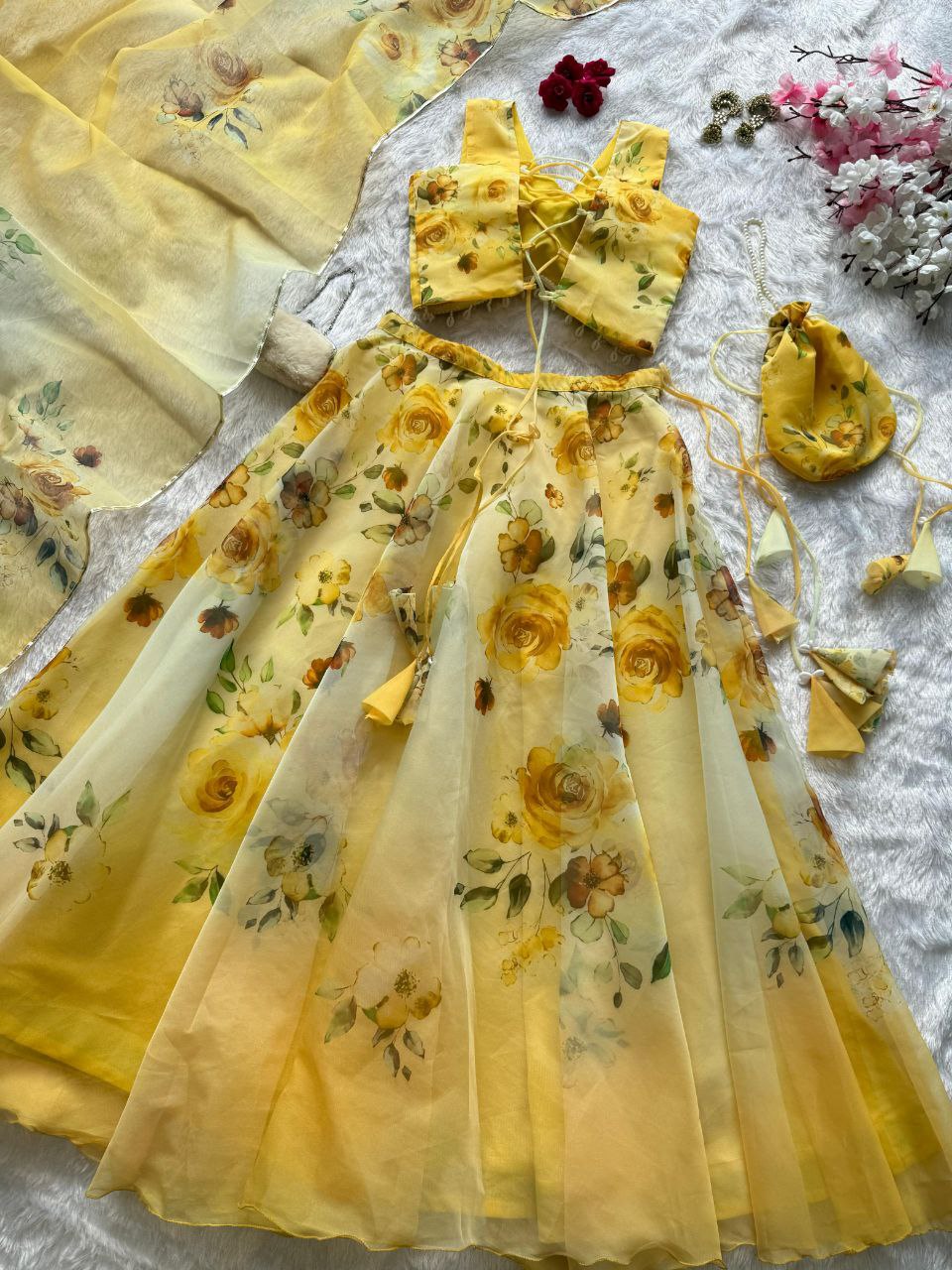 Party Wear Lehenga Choli – Yellow Pure Organza | Vastraan