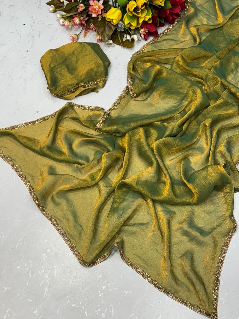 Solid/Plain Bollywood Chiffon, Silk Blend Saree (Gold)
