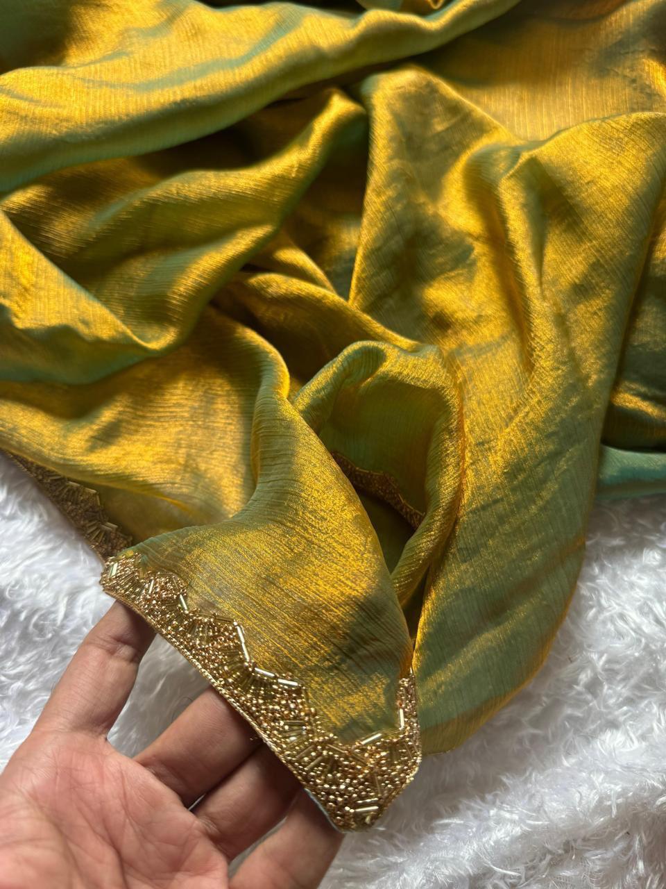Solid/Plain Bollywood Chiffon, Silk Blend Saree (Gold)
