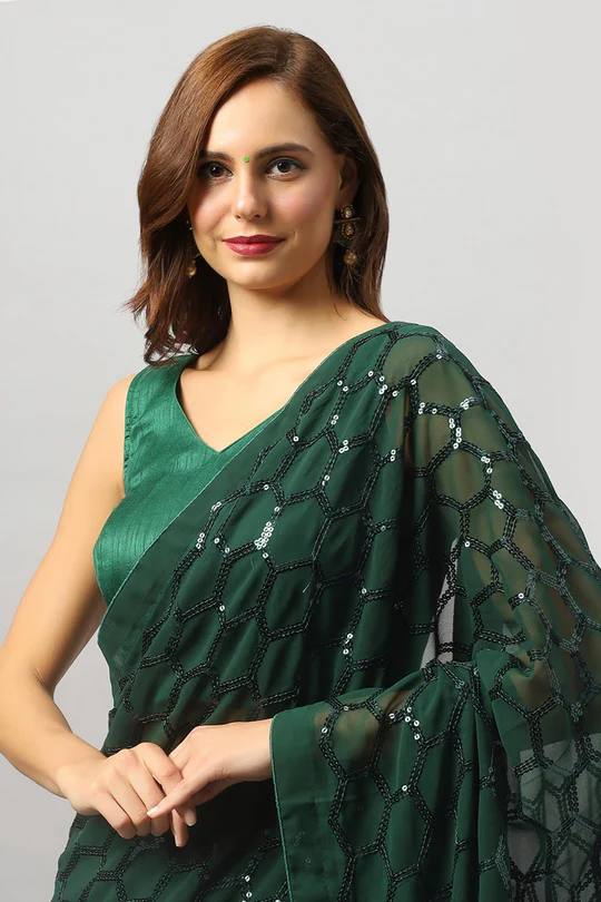 Green Georgette Sequence Work Premium Saree