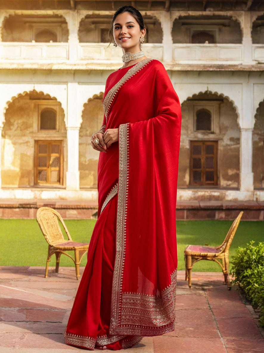 Red Vichitra Silk Party Wear Saree with Sequin and Coding Work