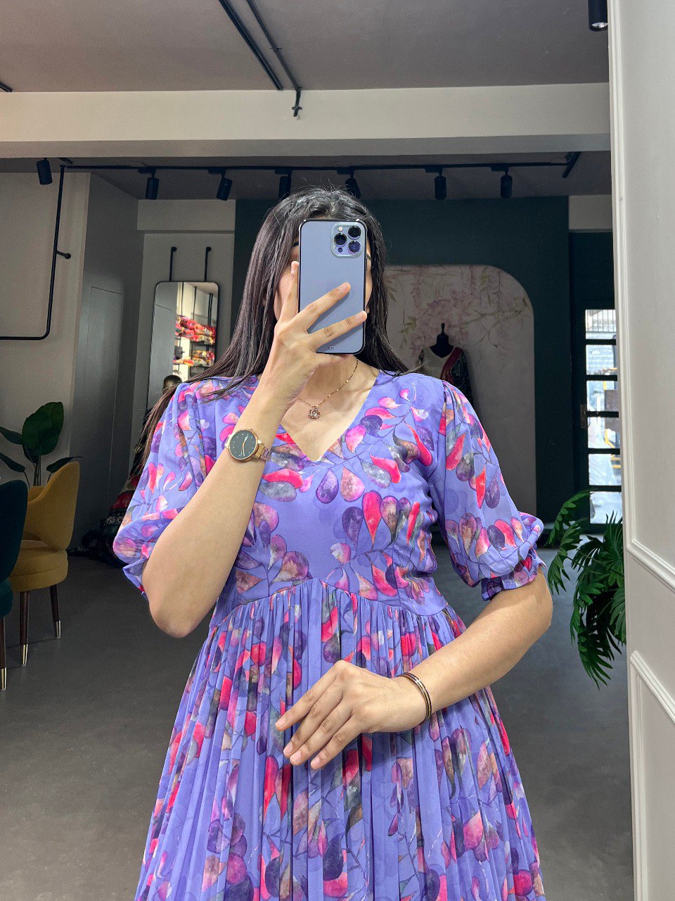 Lavender Digital Printed Georgette Event Wear Dresses