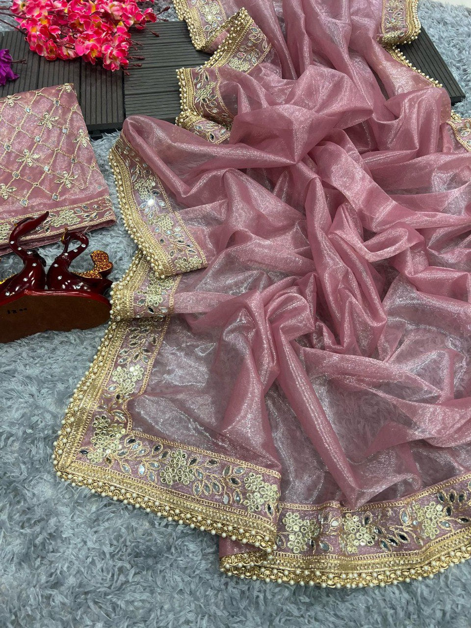 Beautiful Sequence Embroidery Work With Tissue Silk Saree