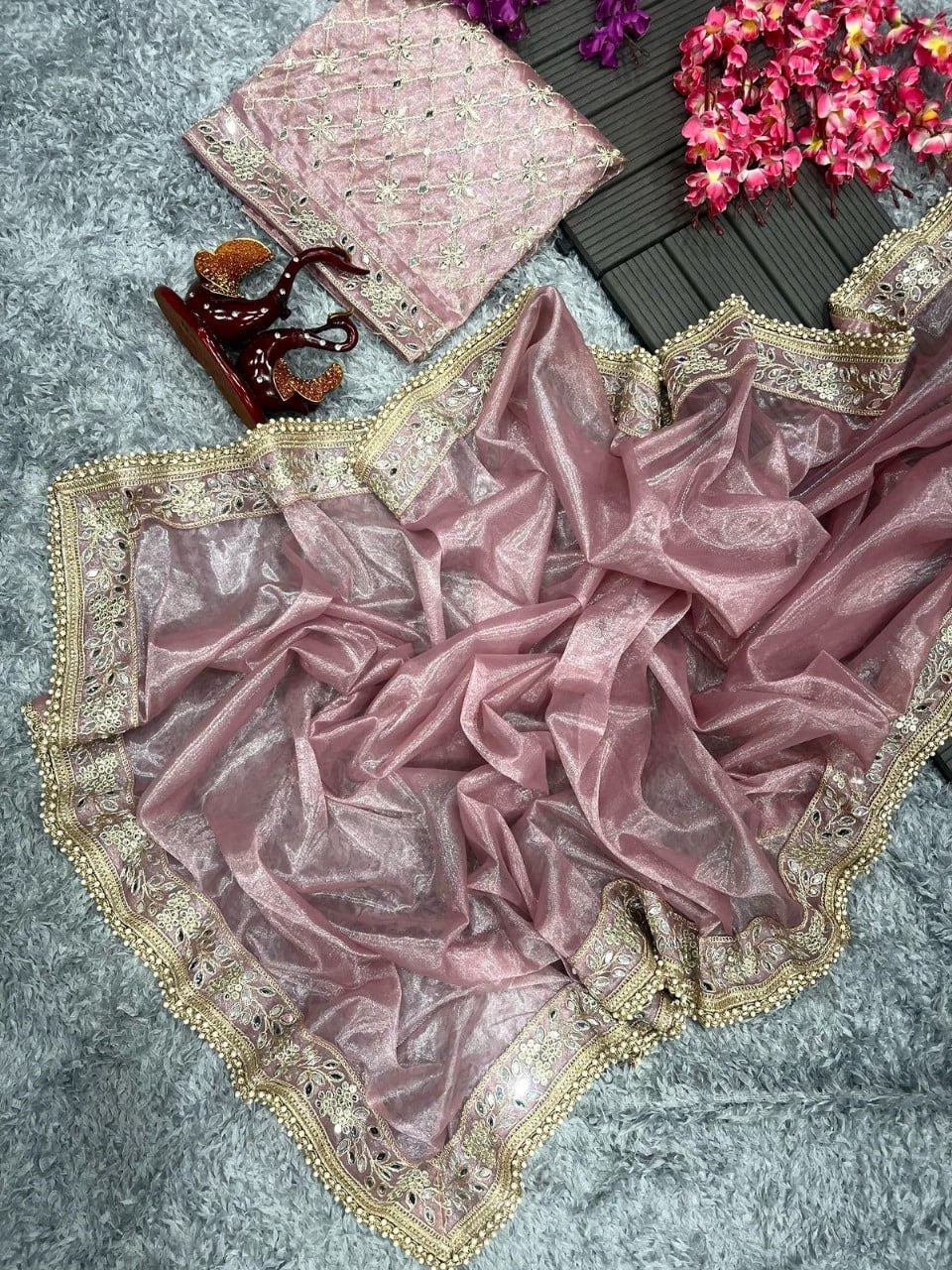 Beautiful Sequence Embroidery Work With Tissue Silk Saree