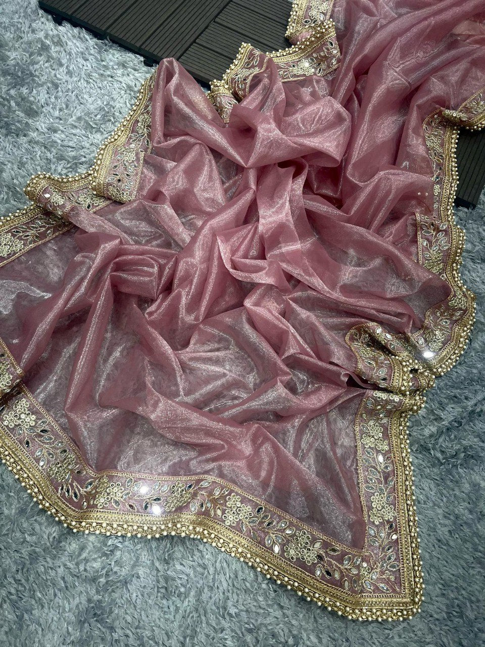 Beautiful Sequence Embroidery Work With Tissue Silk Saree