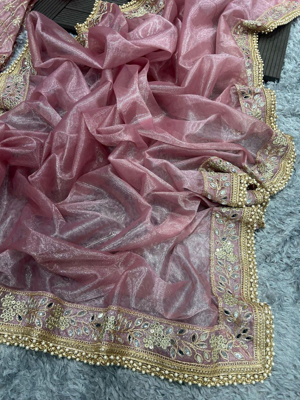 Beautiful Sequence Embroidery Work With Tissue Silk Saree