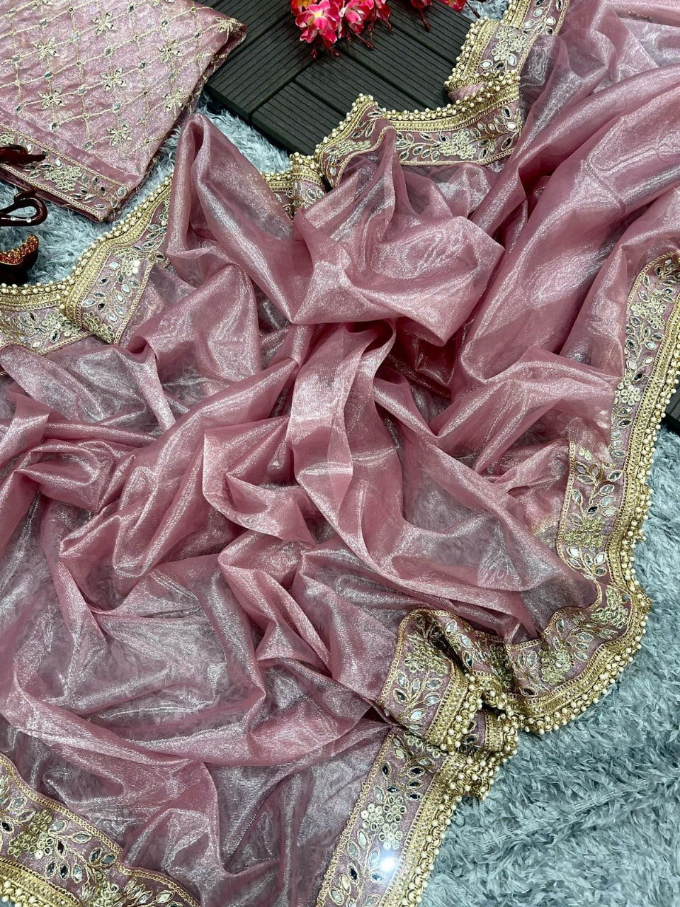 Beautiful Sequence Embroidery Work With Tissue Silk Saree
