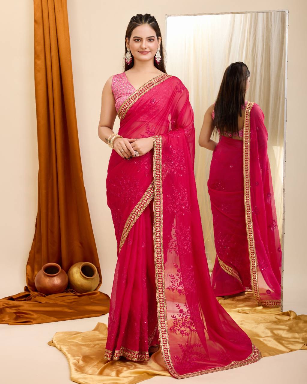 New Beautiful Red Color Organza Silk Saree