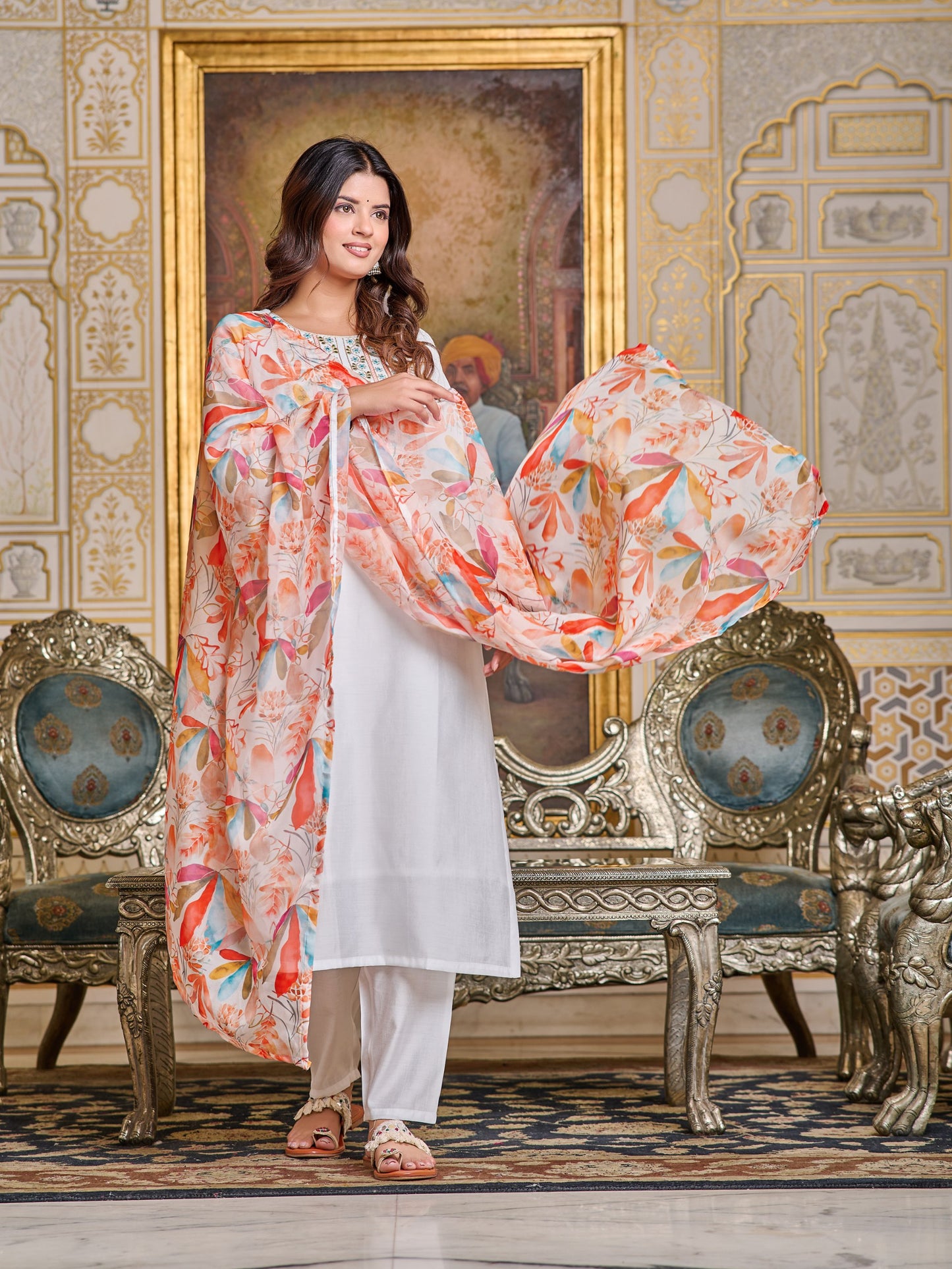 New Off White Color Viscos Chanderi Casual Kurti pant Set