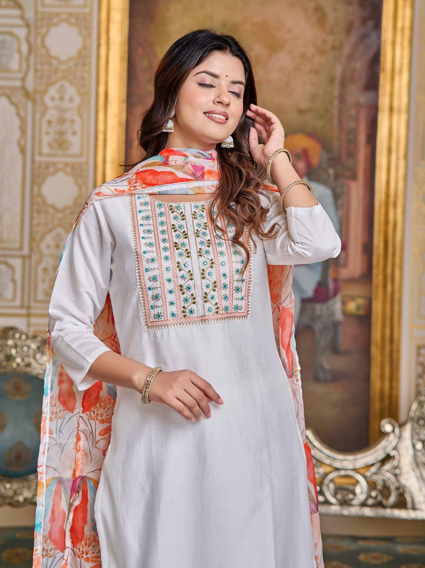 New Off White Color Viscos Chanderi Casual Kurti pant Set
