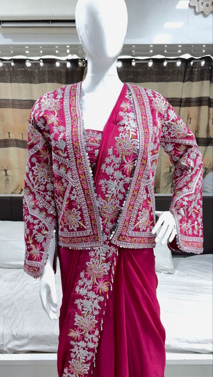 Elegant Pink Embroidered Chinon Saree with Jacket