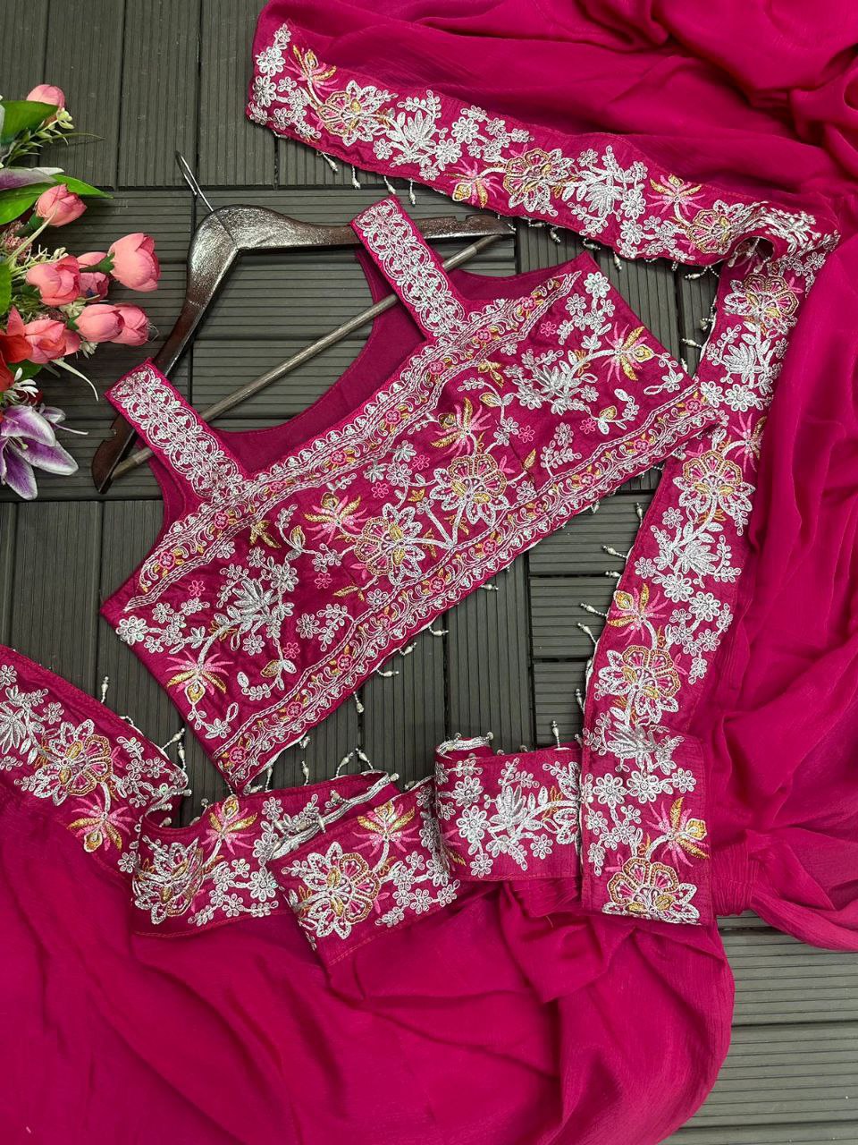 Elegant Pink Embroidered Chinon Saree with Jacket