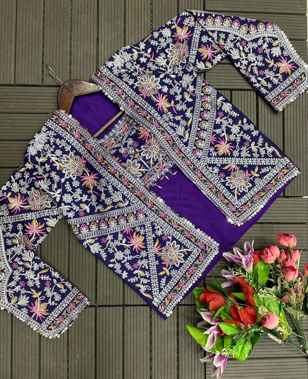 Elegant Purple Embroidered Chinon Saree with Jacket