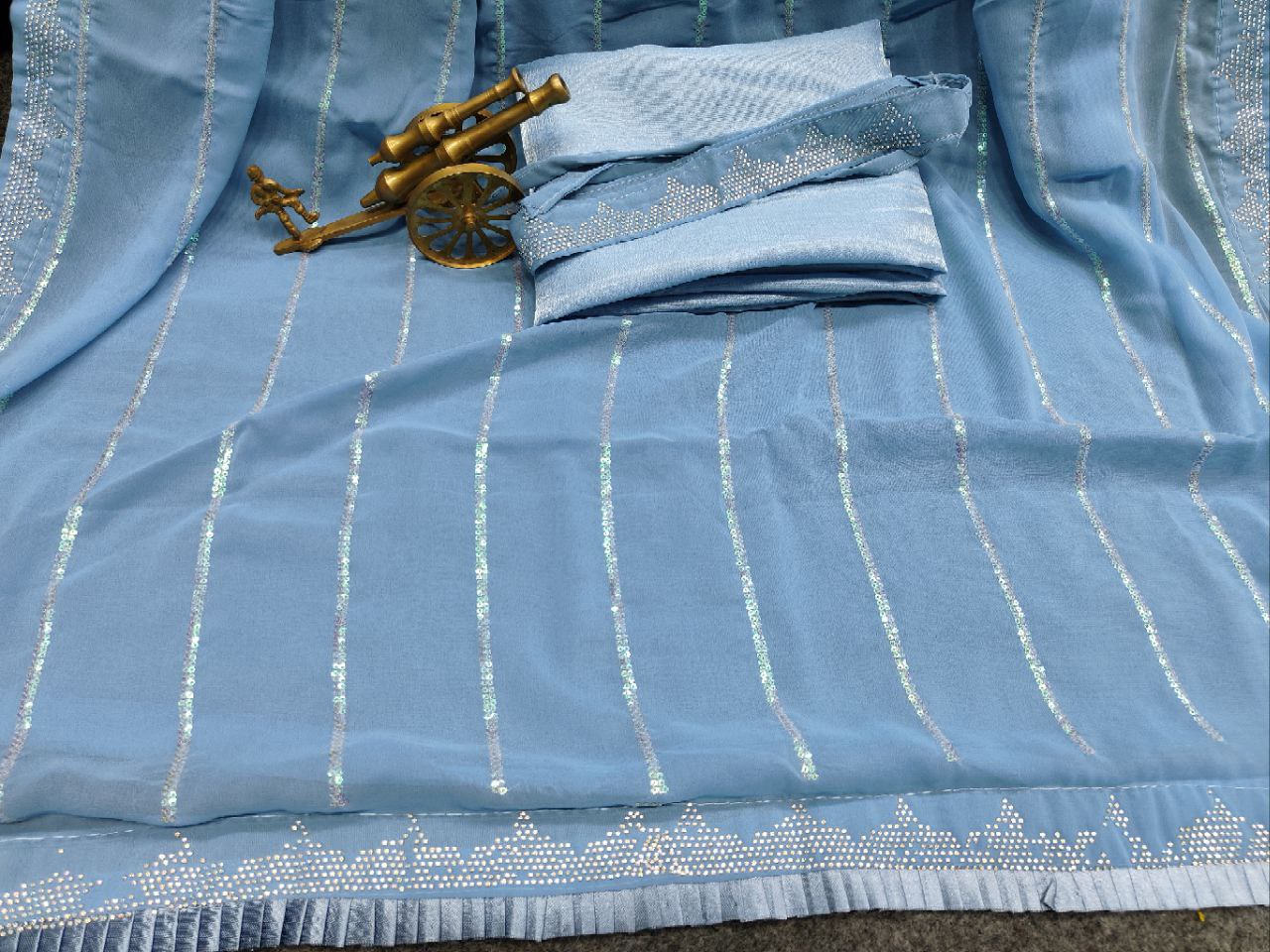 Blue Luxe Petals Embroidered Georgette with Diamonds Saree