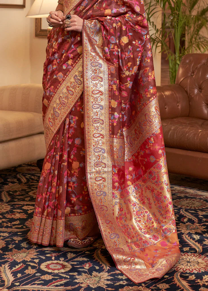 Classic Maroon Woven Jamewar Kashmiri Banarasi Saree
