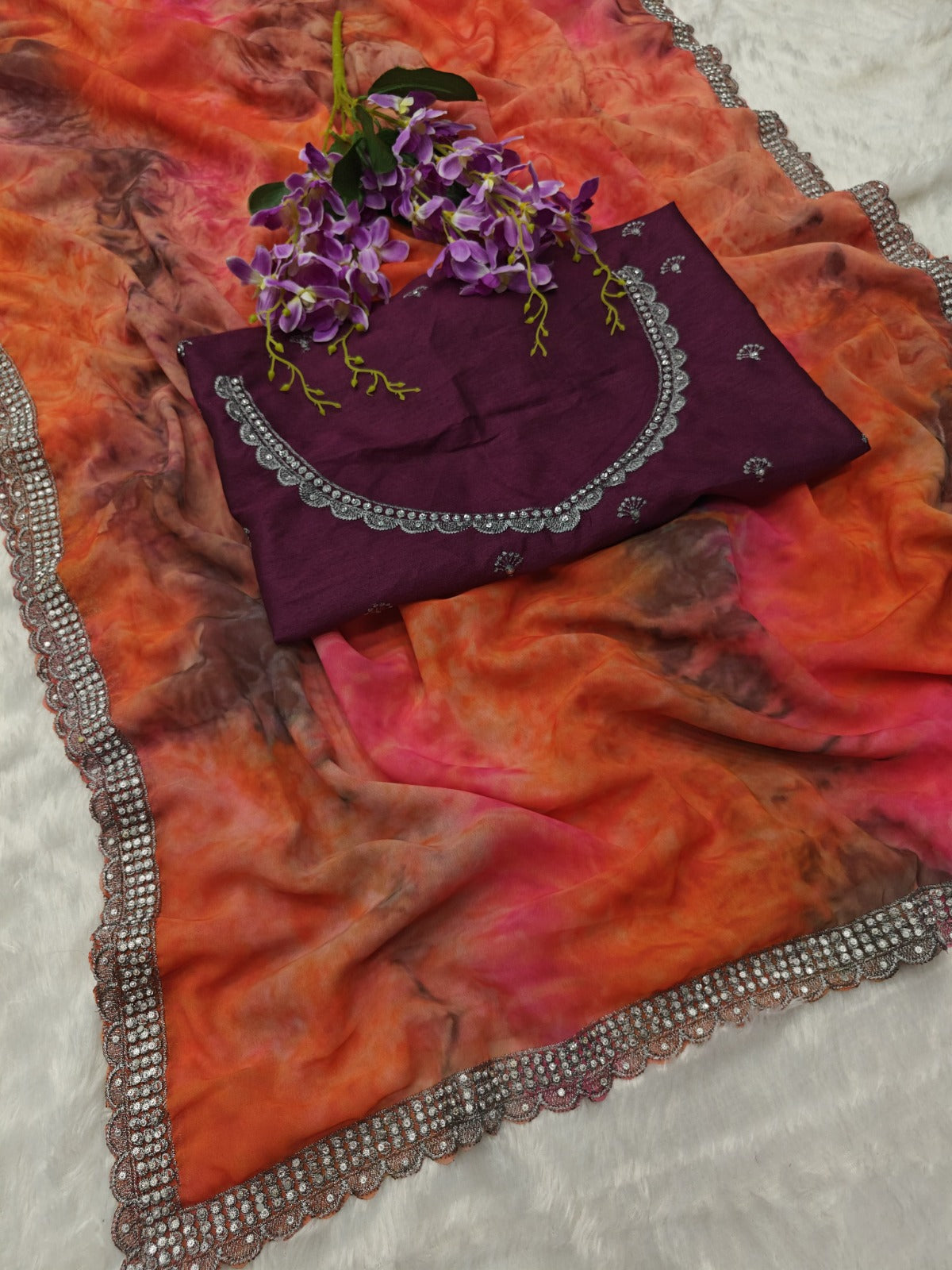 Violet Color Designer Print Georgette Party Wear Saree