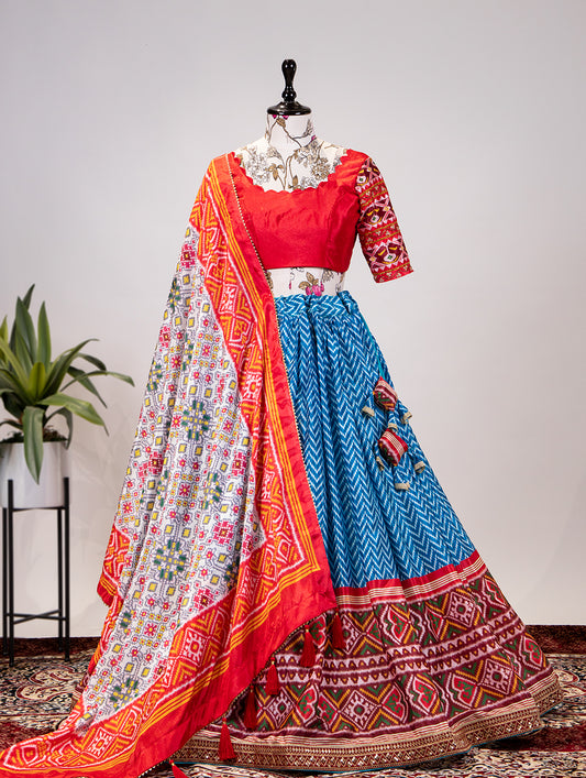 Chinon Patola Print Blue Lehenga with Dupatta Set