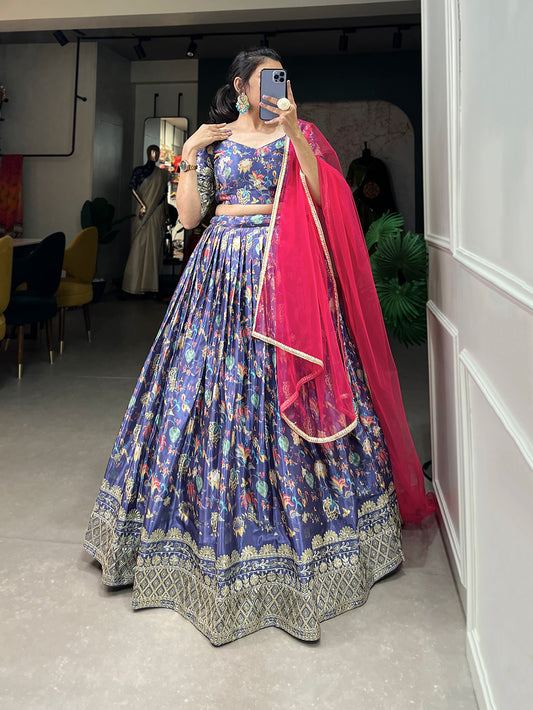 Lavender Chinon Lehenga Set with Embroidery Net Dupatta