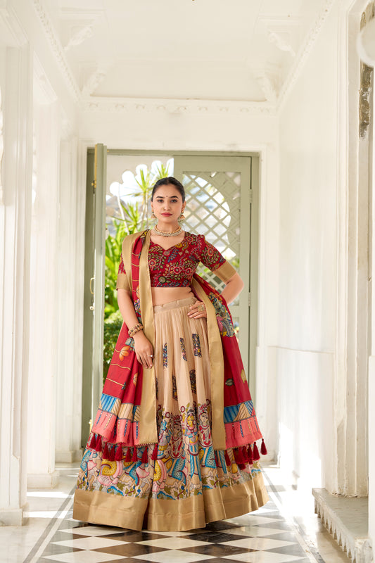 Cream Dola Silk Kalamkari Lehenga Set with Dupatta & Blouse