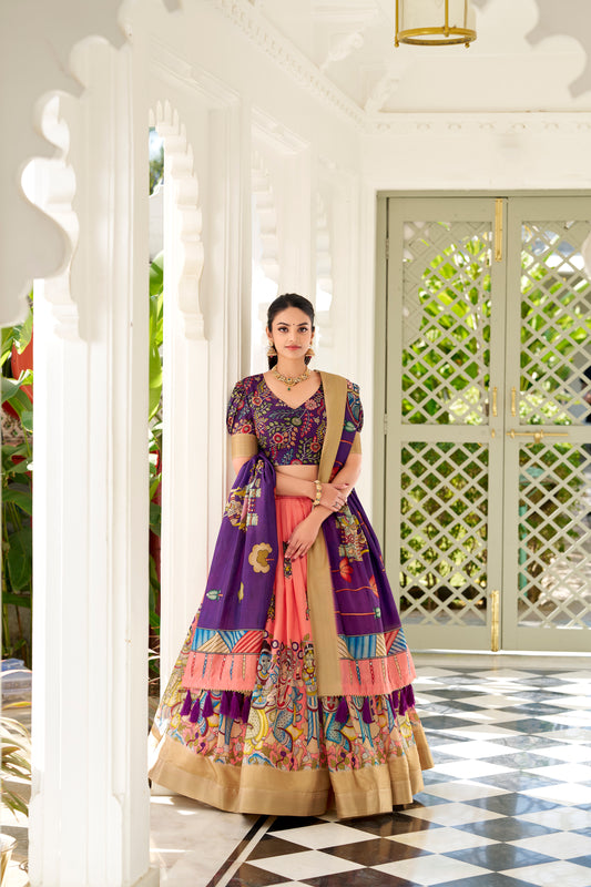 Peach Color Dola Silk Kalamkari Lehenga Set with Dupatta & Blouse
