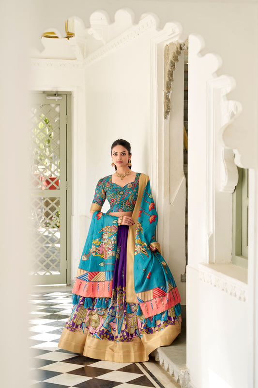 Purple Color Dola Silk Kalamkari Lehenga Set with Dupatta & Blouse